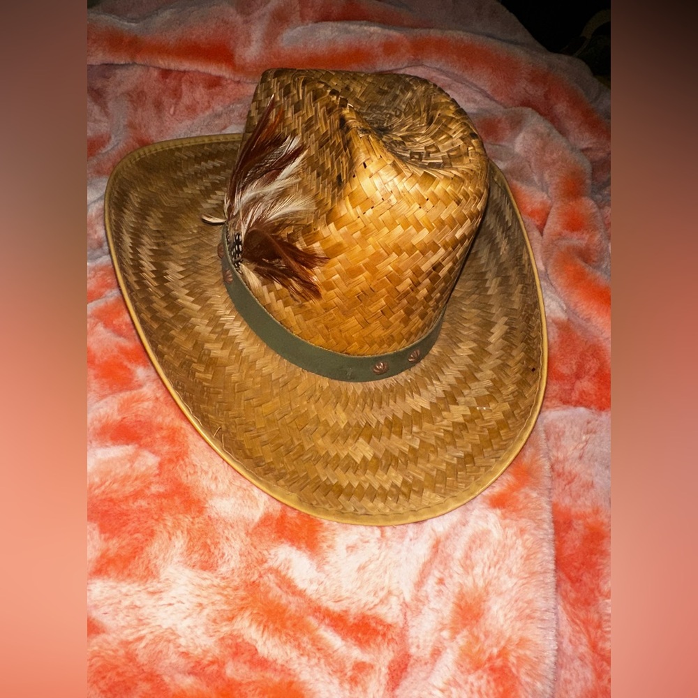 Hand Woven Straw Cowboy Hat Green Leather Band Featuring Feathers - Picture 11 of 15